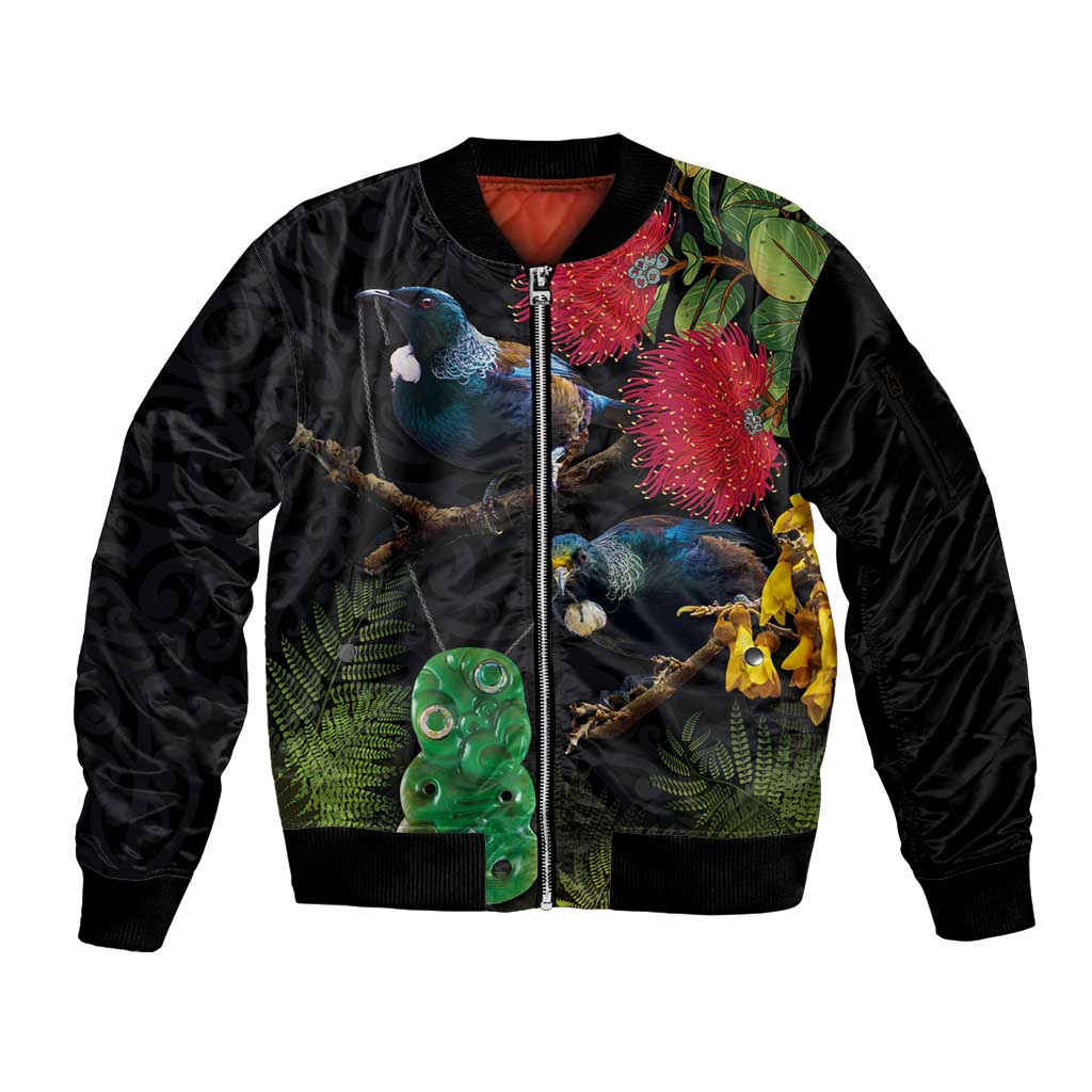 New Zealand Tui Sleeve Zip Bomber Jacket Guardians of the Hei Tiki - Maori Art and Plants