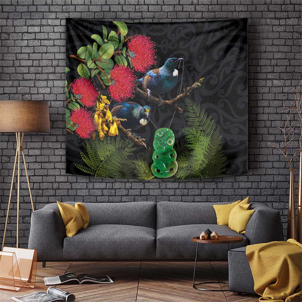 New Zealand Tui Tapestry Guardians of the Hei Tiki - Maori Art and Plants