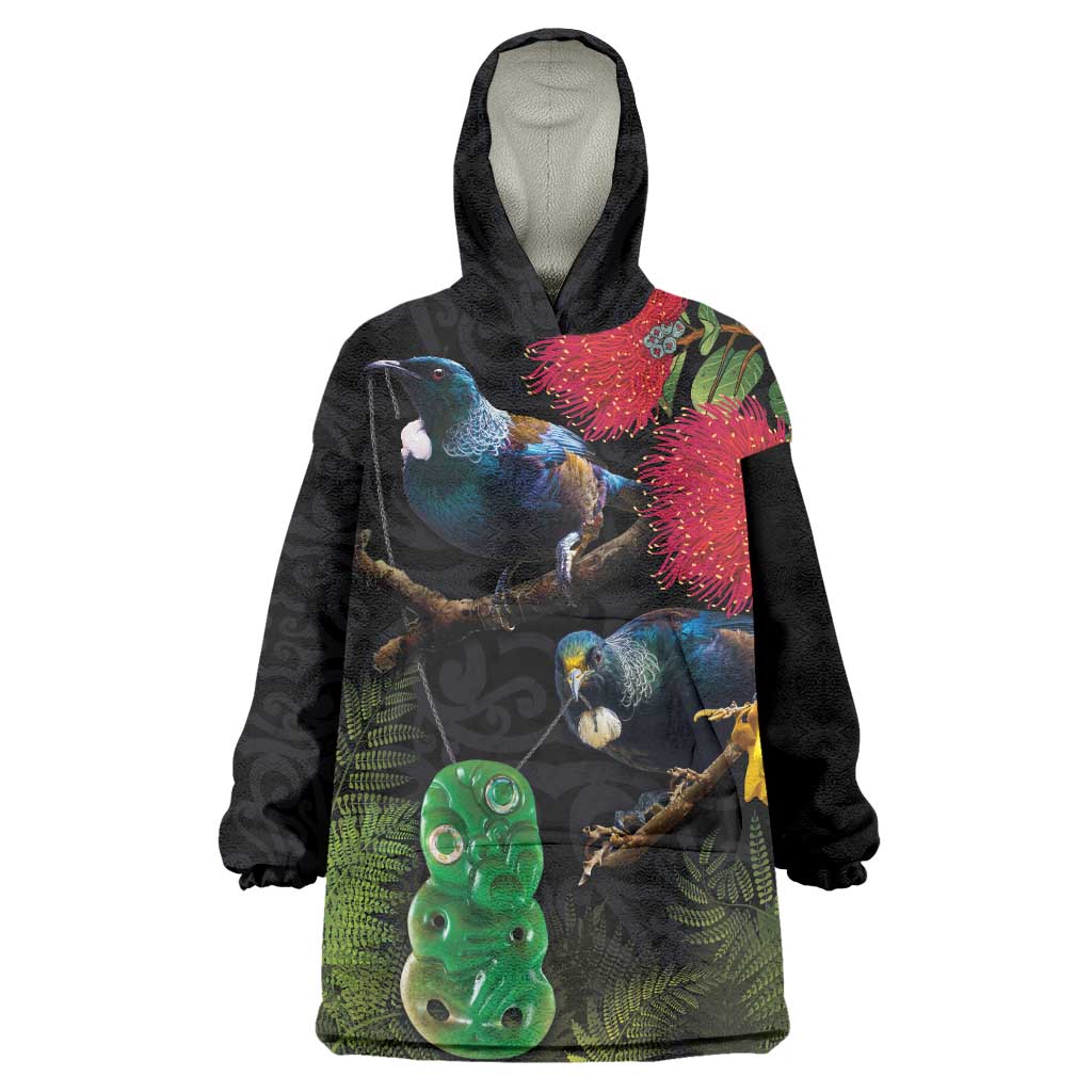 New Zealand Tui Wearable Blanket Hoodie Guardians of the Hei Tiki - Maori Art and Plants