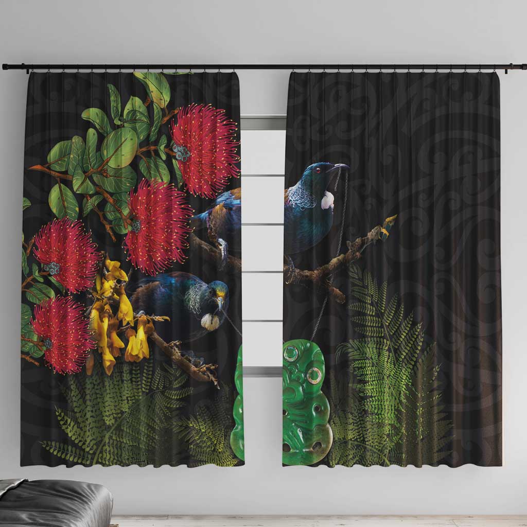 New Zealand Tui Window Curtain Guardians of the Hei Tiki - Maori Art and Plants