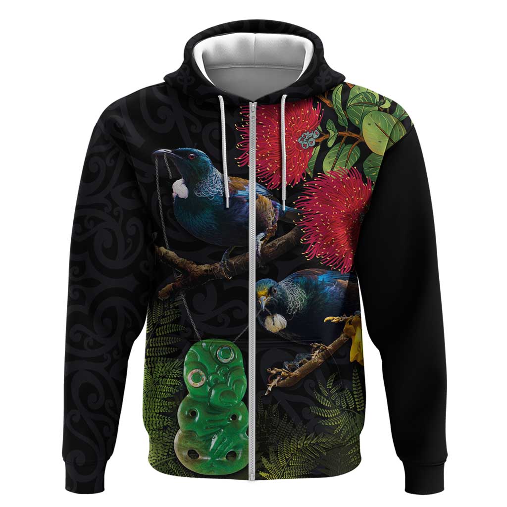 New Zealand Tui Zip Hoodie Guardians of the Hei Tiki - Maori Art and Plants