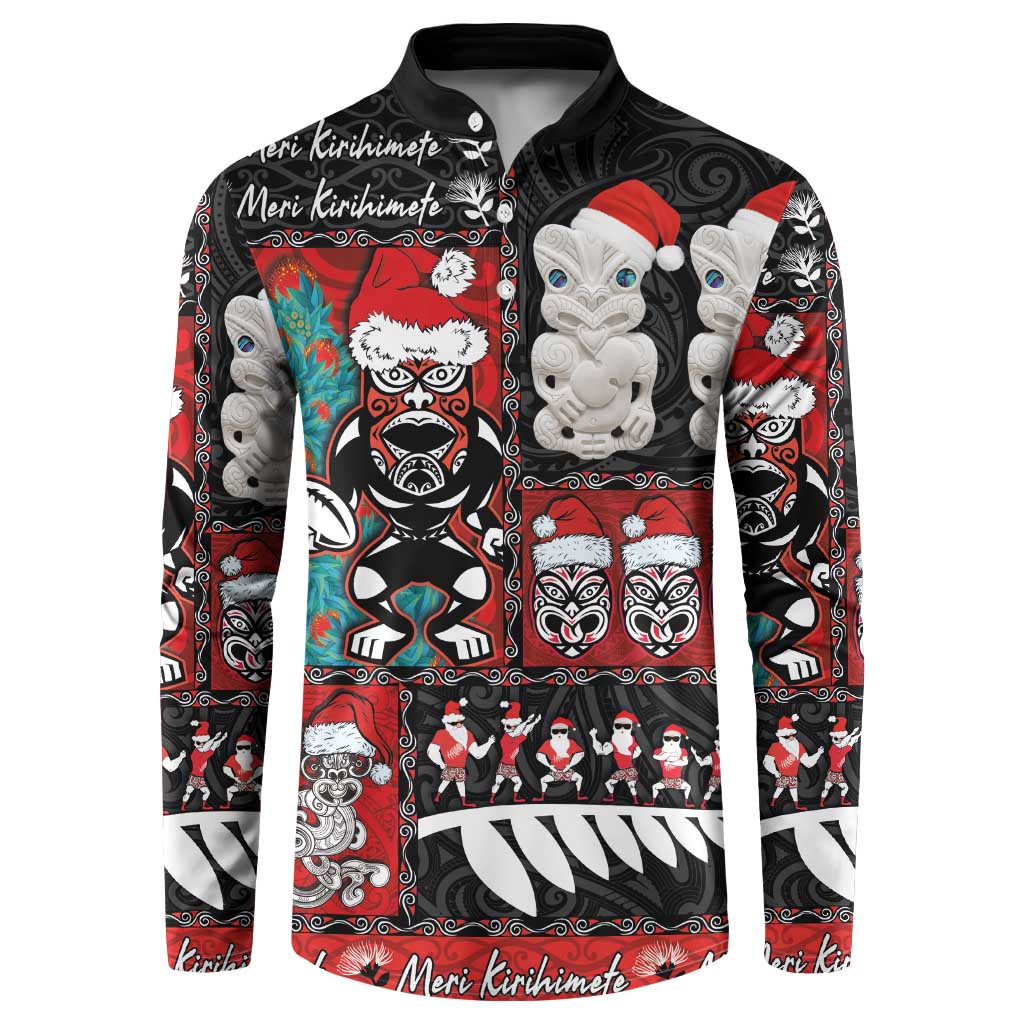 New Zealand Christmas Button Sweatshirt Maori Christmas Spirit - Meri Kirihimete LT03 Black - Polynesian Pride