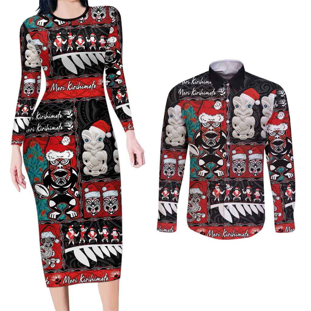 New Zealand Christmas Couples Matching Long Sleeve Bodycon Dress and Long Sleeve Button Shirt Maori Christmas Spirit - Meri Kirihimete