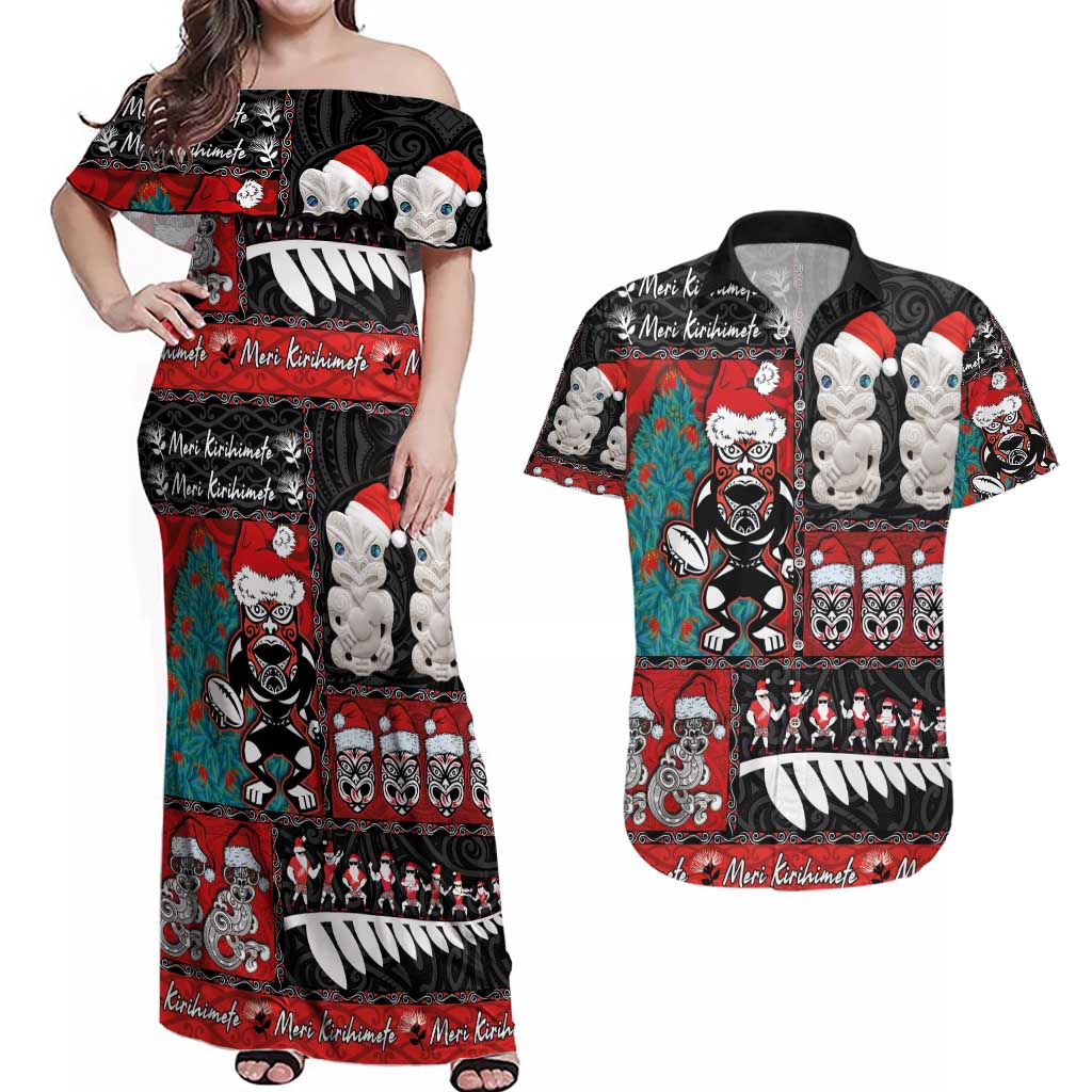 New Zealand Christmas Couples Matching Off Shoulder Maxi Dress and Hawaiian Shirt Maori Christmas Spirit - Meri Kirihimete