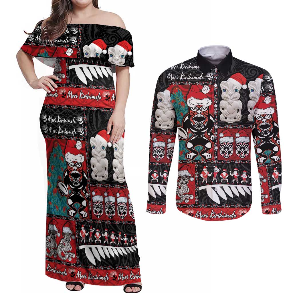 New Zealand Christmas Couples Matching Off Shoulder Maxi Dress and Long Sleeve Button Shirt Maori Christmas Spirit - Meri Kirihimete