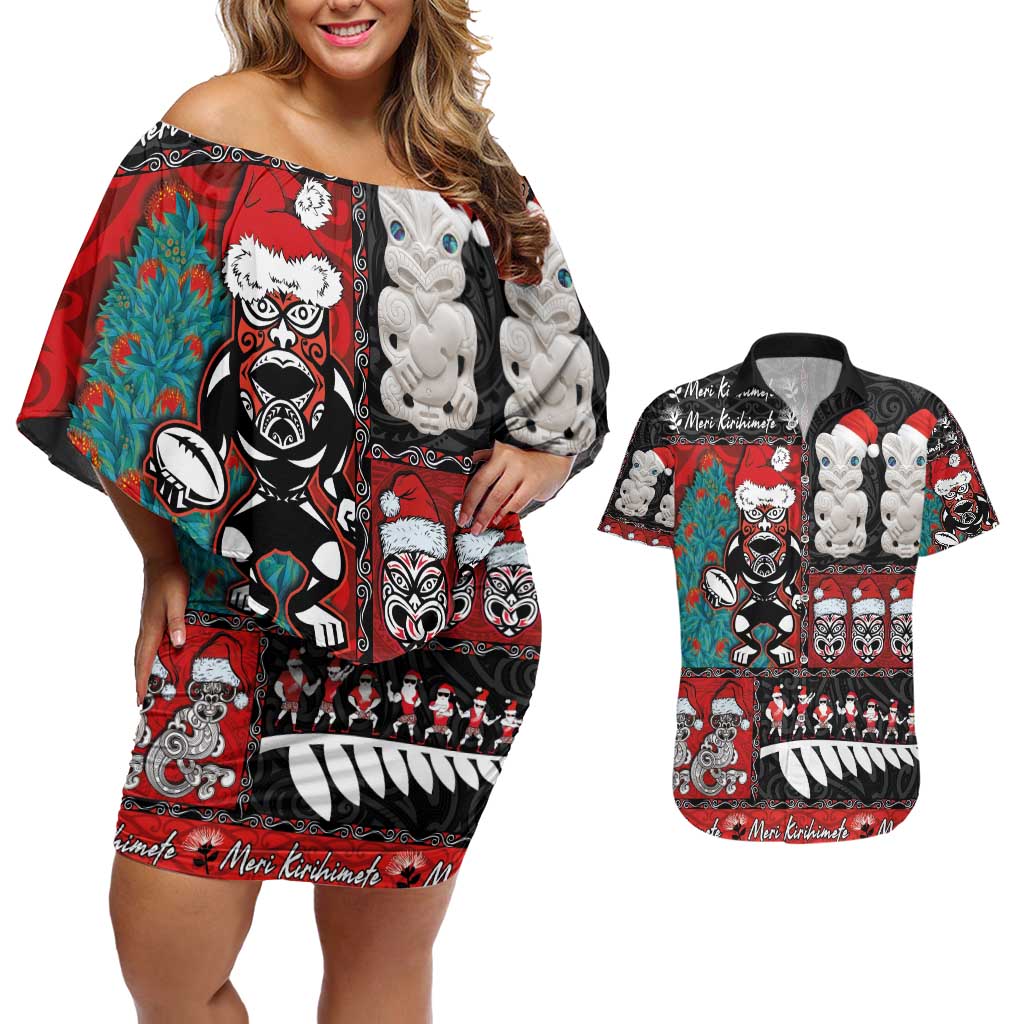 New Zealand Christmas Couples Matching Off Shoulder Short Dress and Hawaiian Shirt Maori Christmas Spirit - Meri Kirihimete