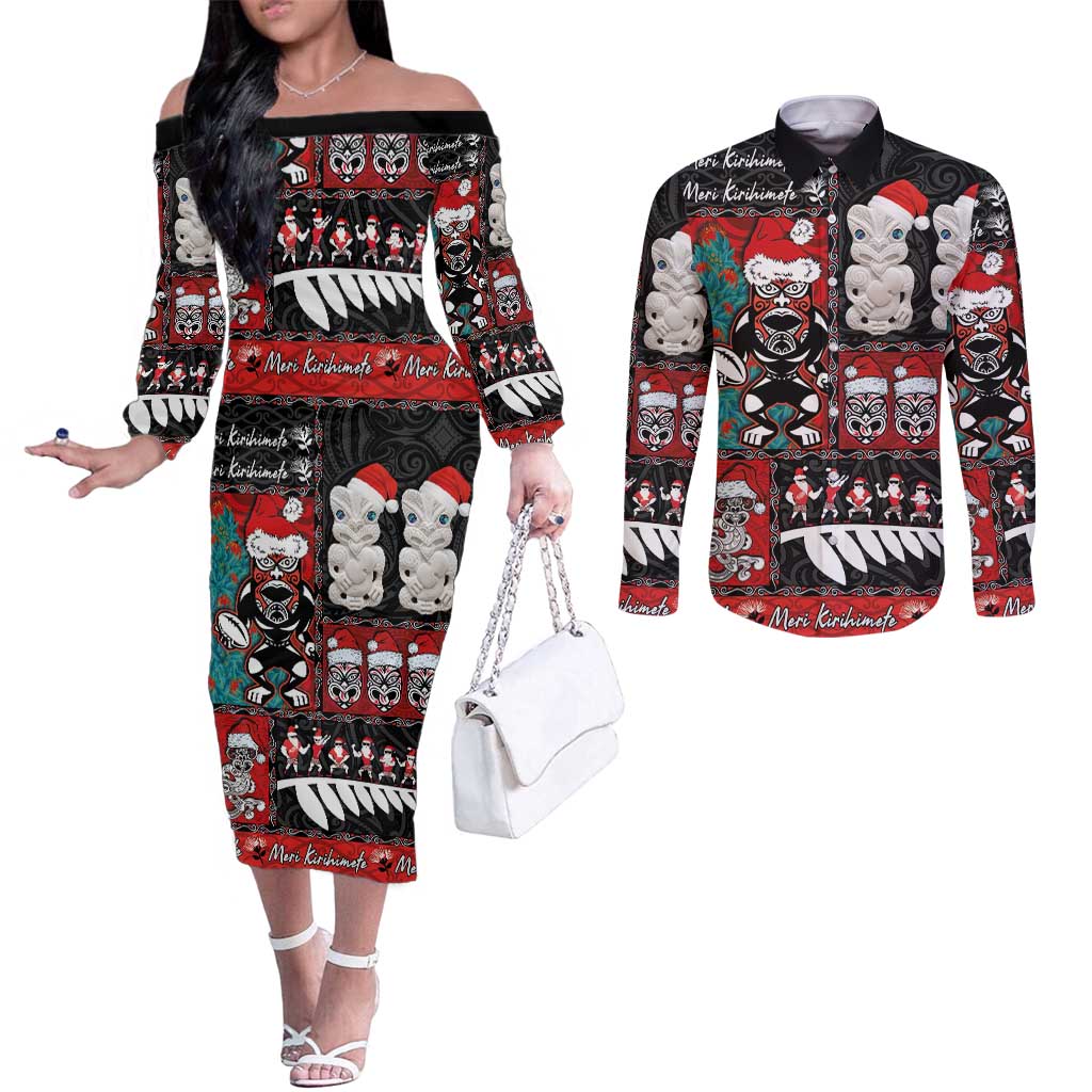 New Zealand Christmas Couples Matching Off The Shoulder Long Sleeve Dress and Long Sleeve Button Shirt Maori Christmas Spirit - Meri Kirihimete