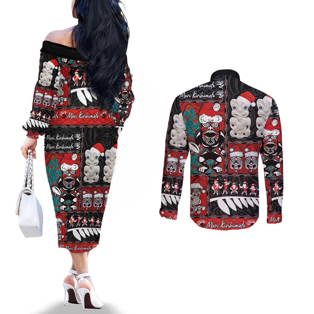 New Zealand Christmas Couples Matching Off The Shoulder Long Sleeve Dress and Long Sleeve Button Shirt Maori Christmas Spirit - Meri Kirihimete