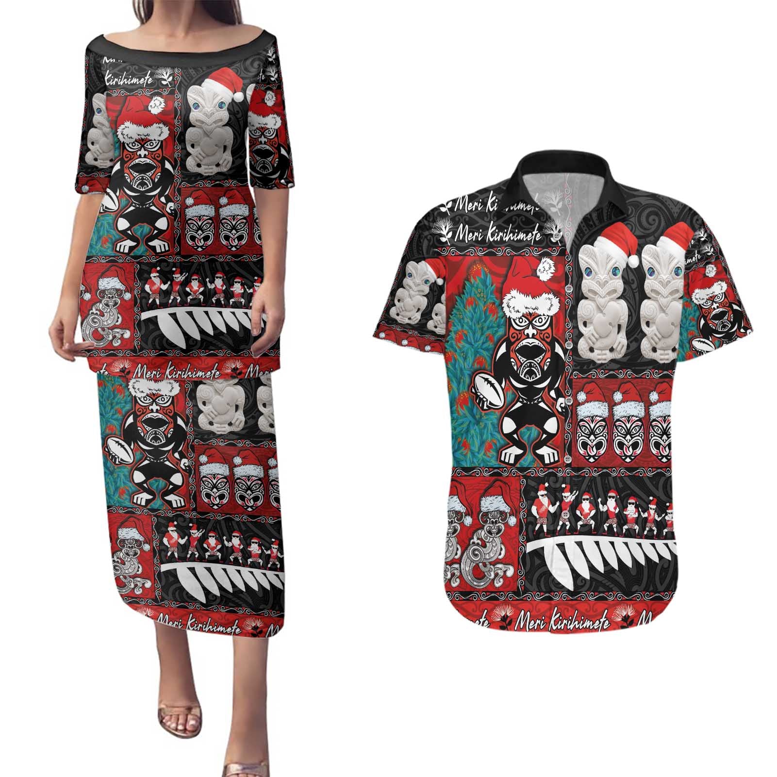 New Zealand Christmas Couples Matching Puletasi and Hawaiian Shirt Maori Christmas Spirit - Meri Kirihimete