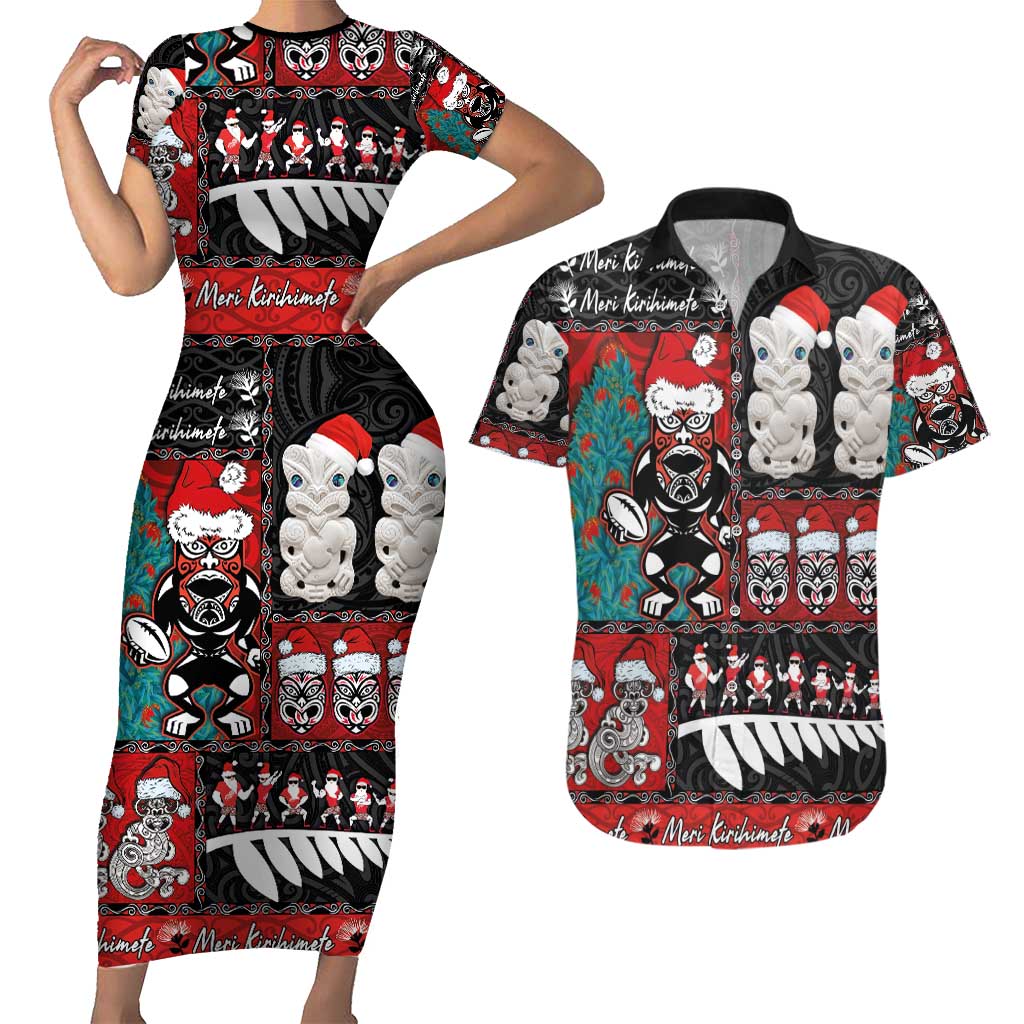 New Zealand Christmas Couples Matching Short Sleeve Bodycon Dress and Hawaiian Shirt Maori Christmas Spirit - Meri Kirihimete LT03 Black - Polynesian Pride