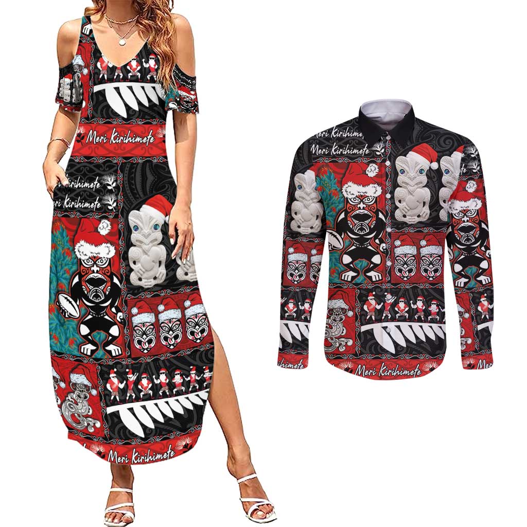 New Zealand Christmas Couples Matching Summer Maxi Dress and Long Sleeve Button Shirt Maori Christmas Spirit - Meri Kirihimete