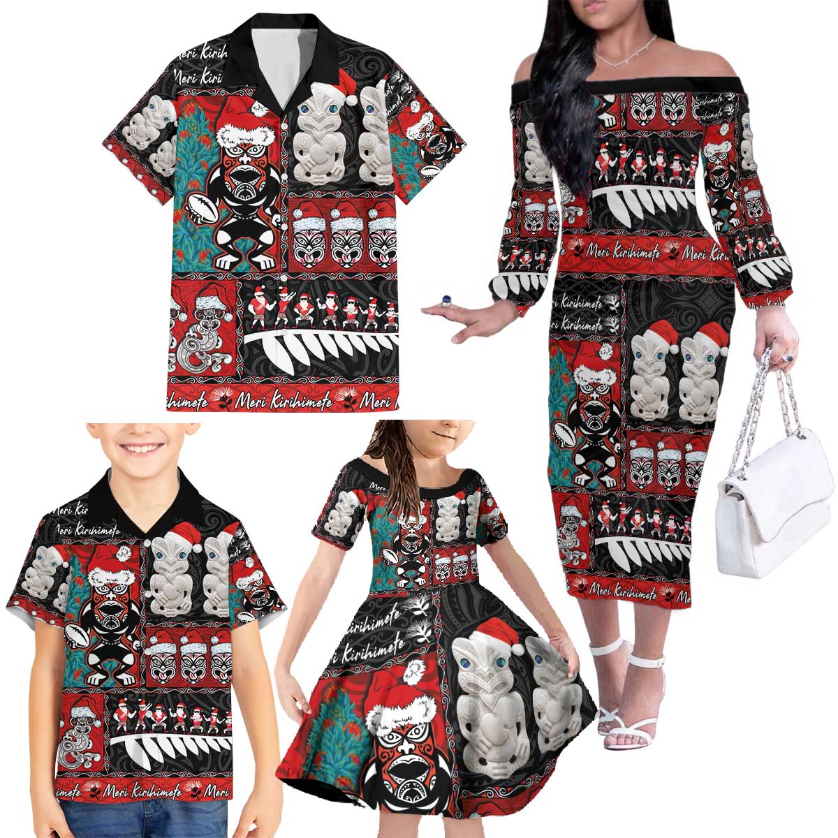 New Zealand Christmas Family Matching Off The Shoulder Long Sleeve Dress and Hawaiian Shirt Maori Christmas Spirit - Meri Kirihimete