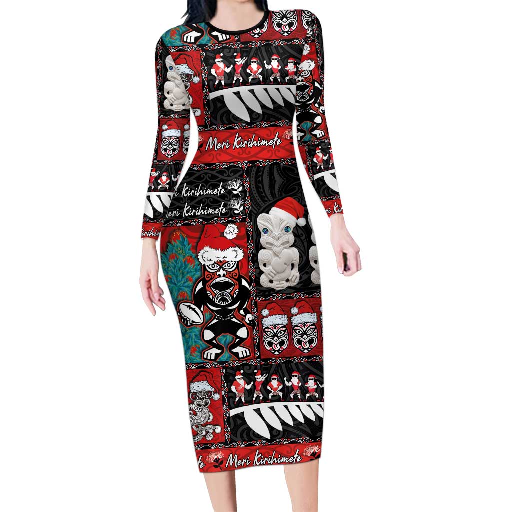 New Zealand Christmas Long Sleeve Bodycon Dress Maori Christmas Spirit - Meri Kirihimete