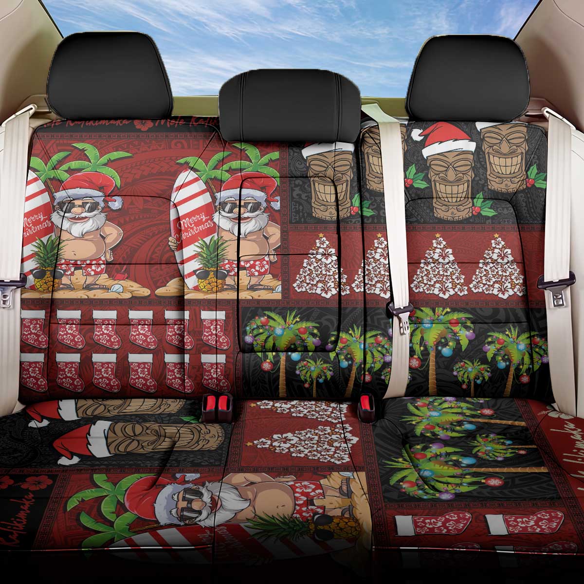 Hawaiian Christmas Back Car Seat Cover - Mele Kalikimaka Island Holiday Vibes - Black Red