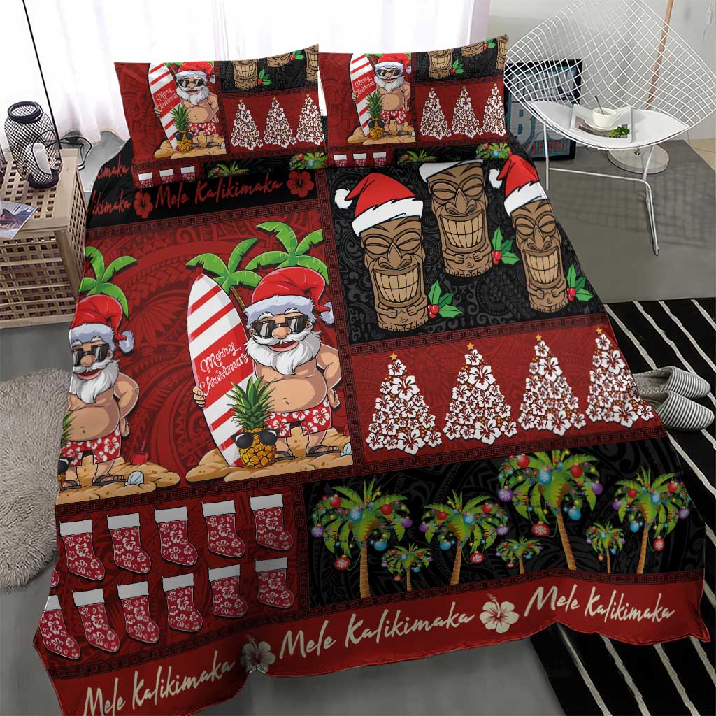 Hawaiian Christmas Bedding Set - Mele Kalikimaka Island Holiday Vibes - Black Red