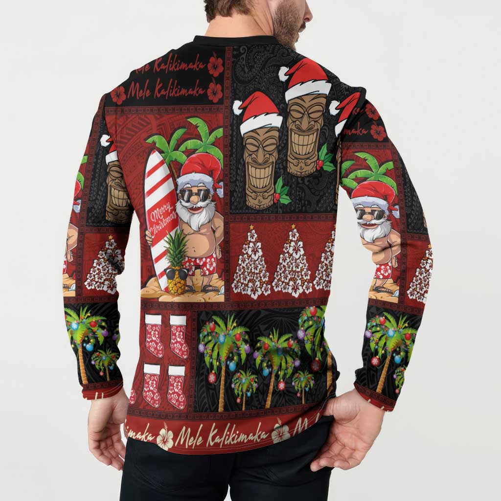 Hawaiian Christmas Button Sweatshirt - Mele Kalikimaka Island Holiday Vibes - Black Red LT03 - Polynesian Pride
