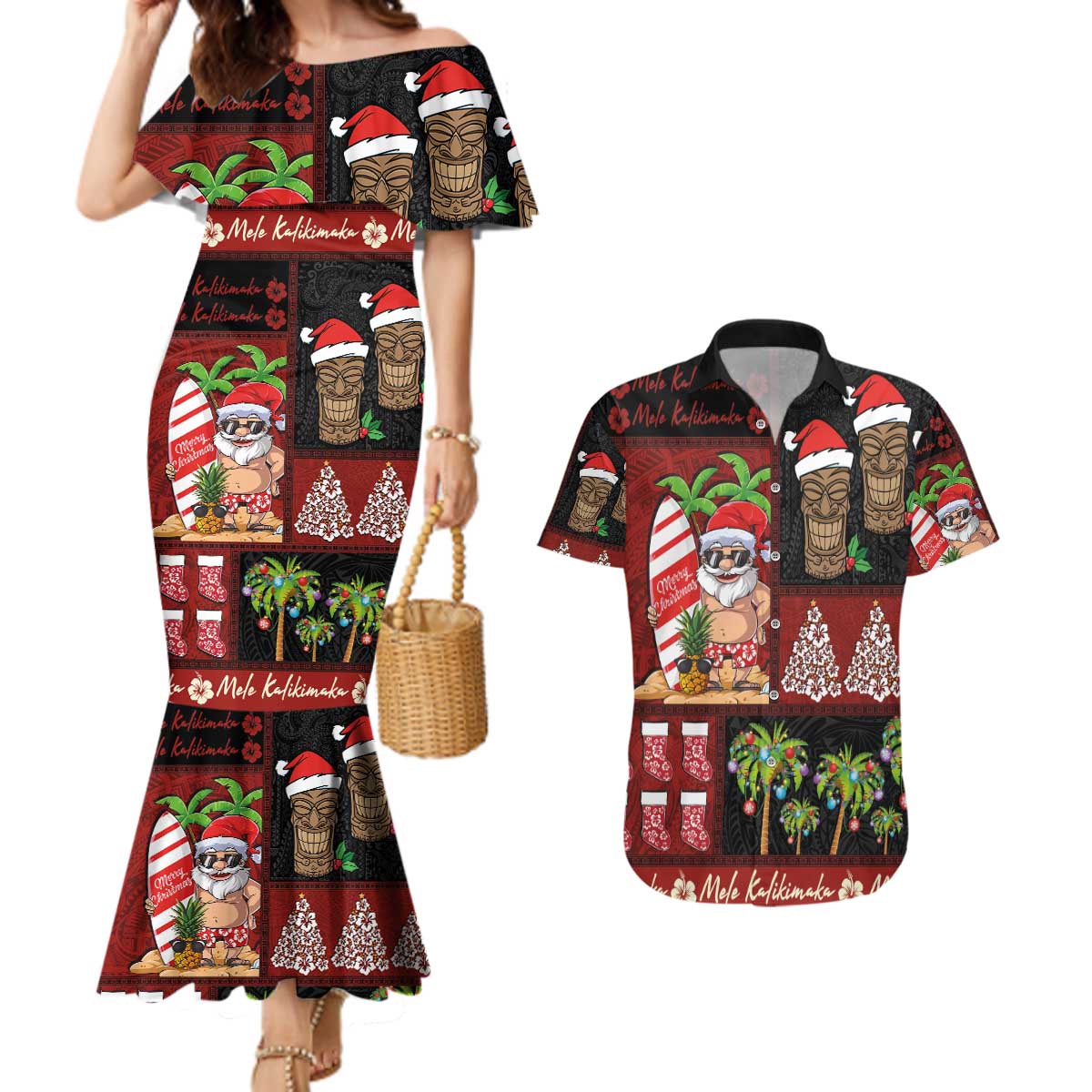 Hawaiian Christmas Couples Matching Mermaid Dress and Hawaiian Shirt - Mele Kalikimaka Island Holiday Vibes - Black Red