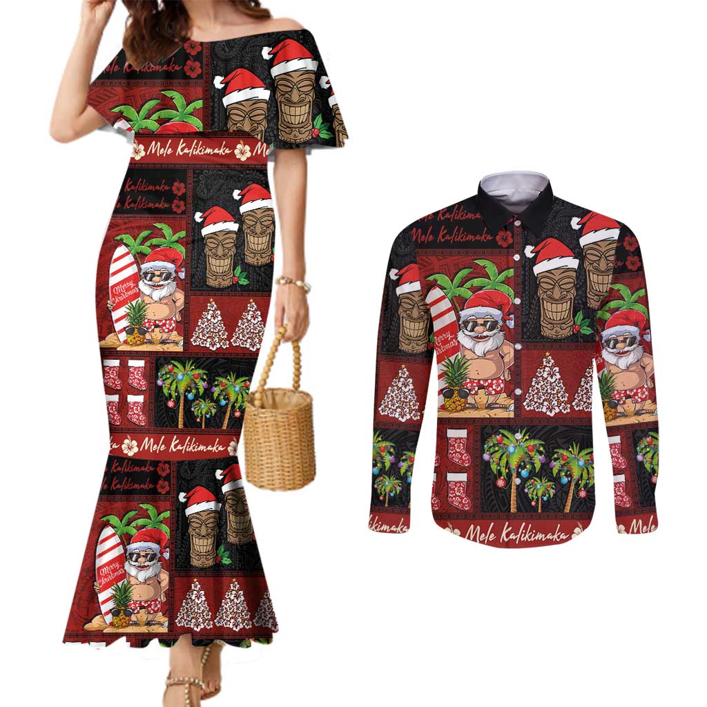 Hawaiian Christmas Couples Matching Mermaid Dress and Long Sleeve Button Shirt - Mele Kalikimaka Island Holiday Vibes - Black Red