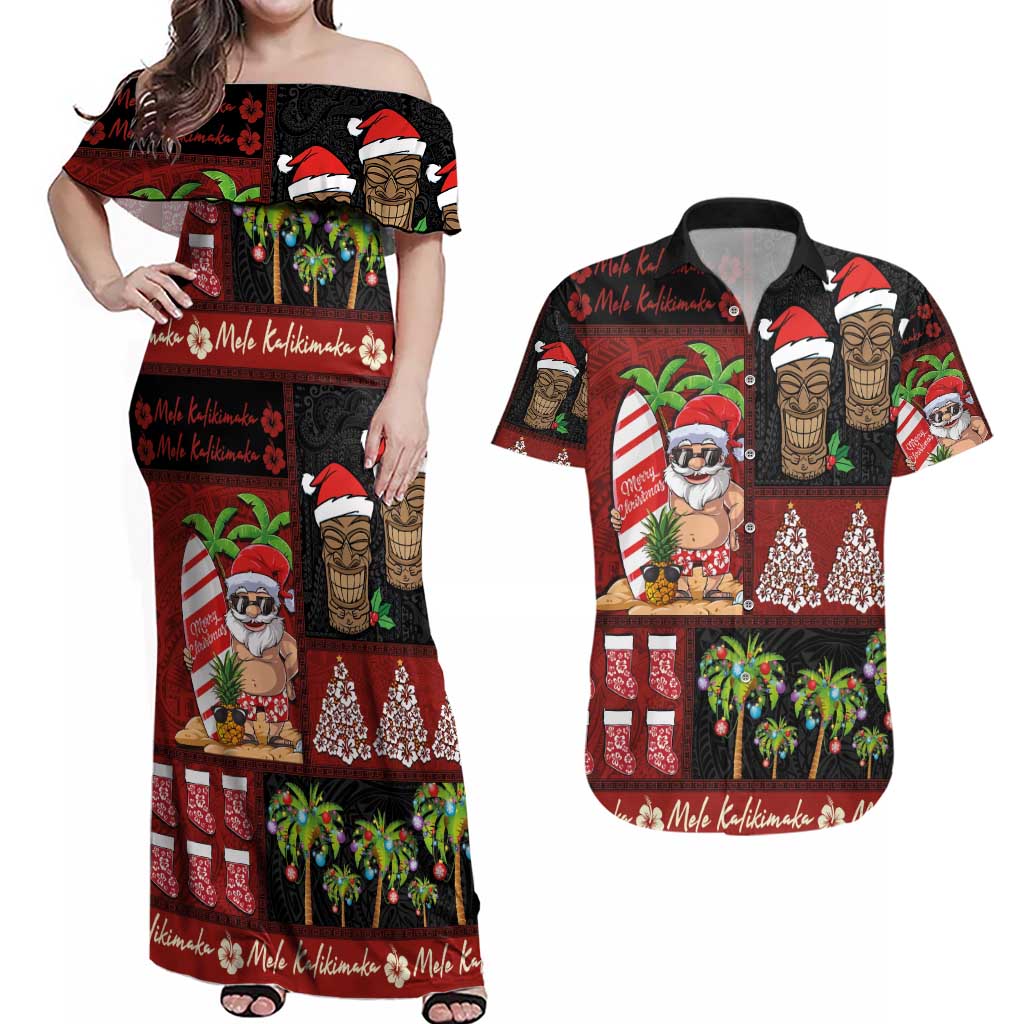 Hawaiian Christmas Couples Matching Off Shoulder Maxi Dress and Hawaiian Shirt - Mele Kalikimaka Island Holiday Vibes - Black Red