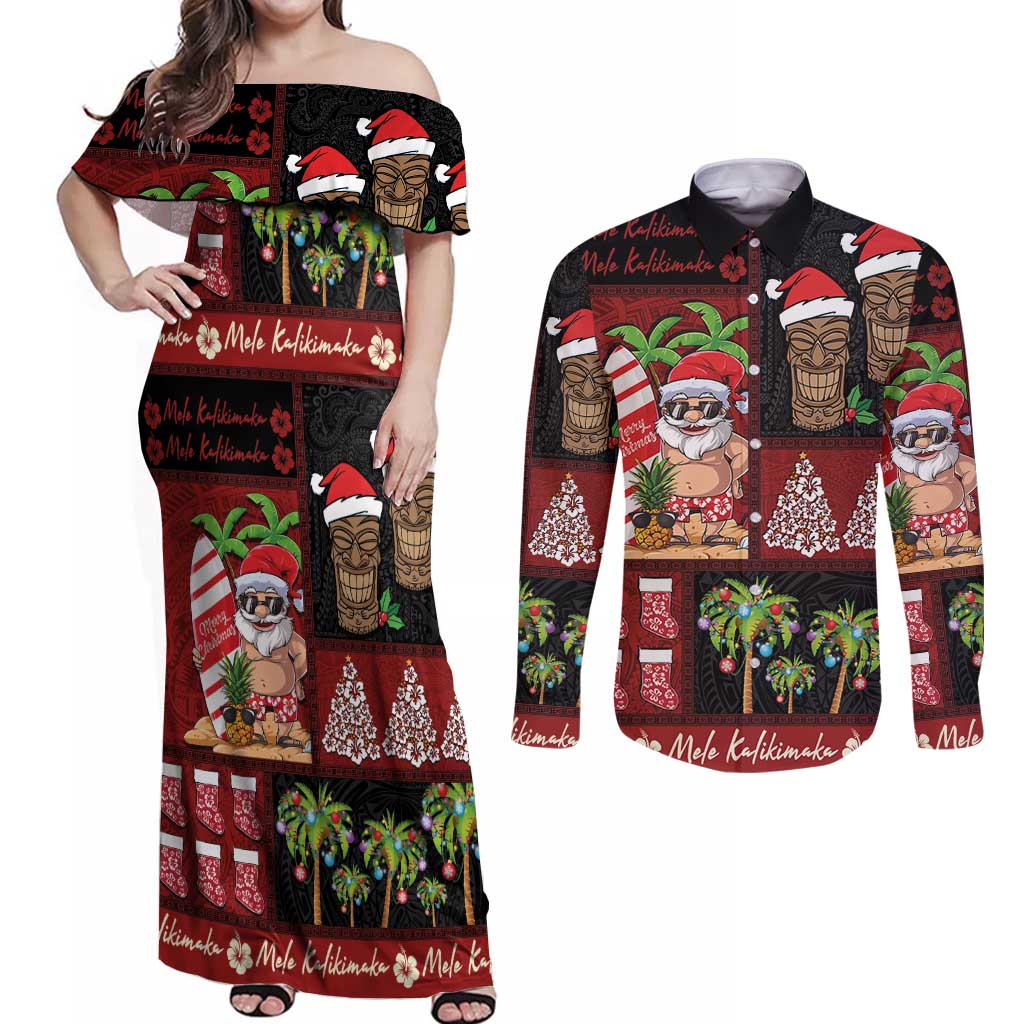 Hawaiian Christmas Couples Matching Off Shoulder Maxi Dress and Long Sleeve Button Shirt - Mele Kalikimaka Island Holiday Vibes - Black Red