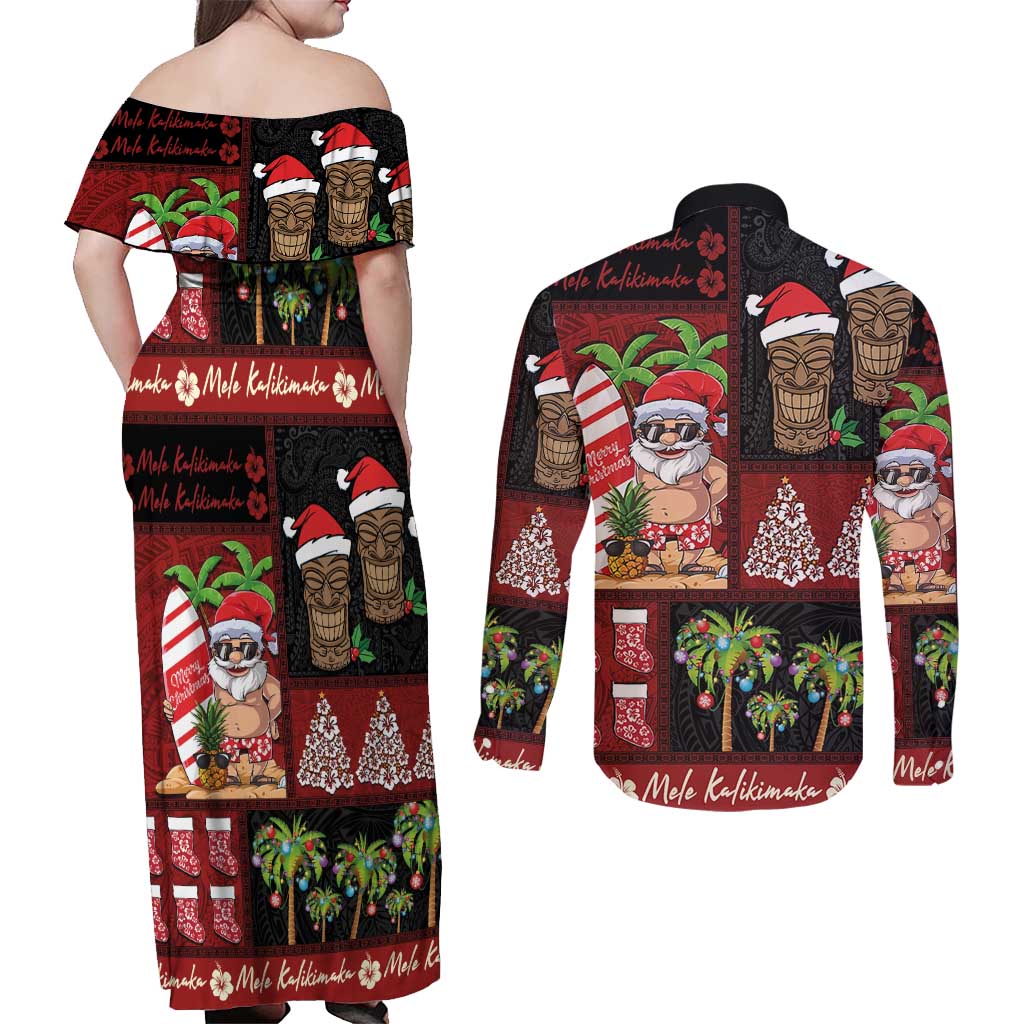 Hawaiian Christmas Couples Matching Off Shoulder Maxi Dress and Long Sleeve Button Shirt - Mele Kalikimaka Island Holiday Vibes - Black Red