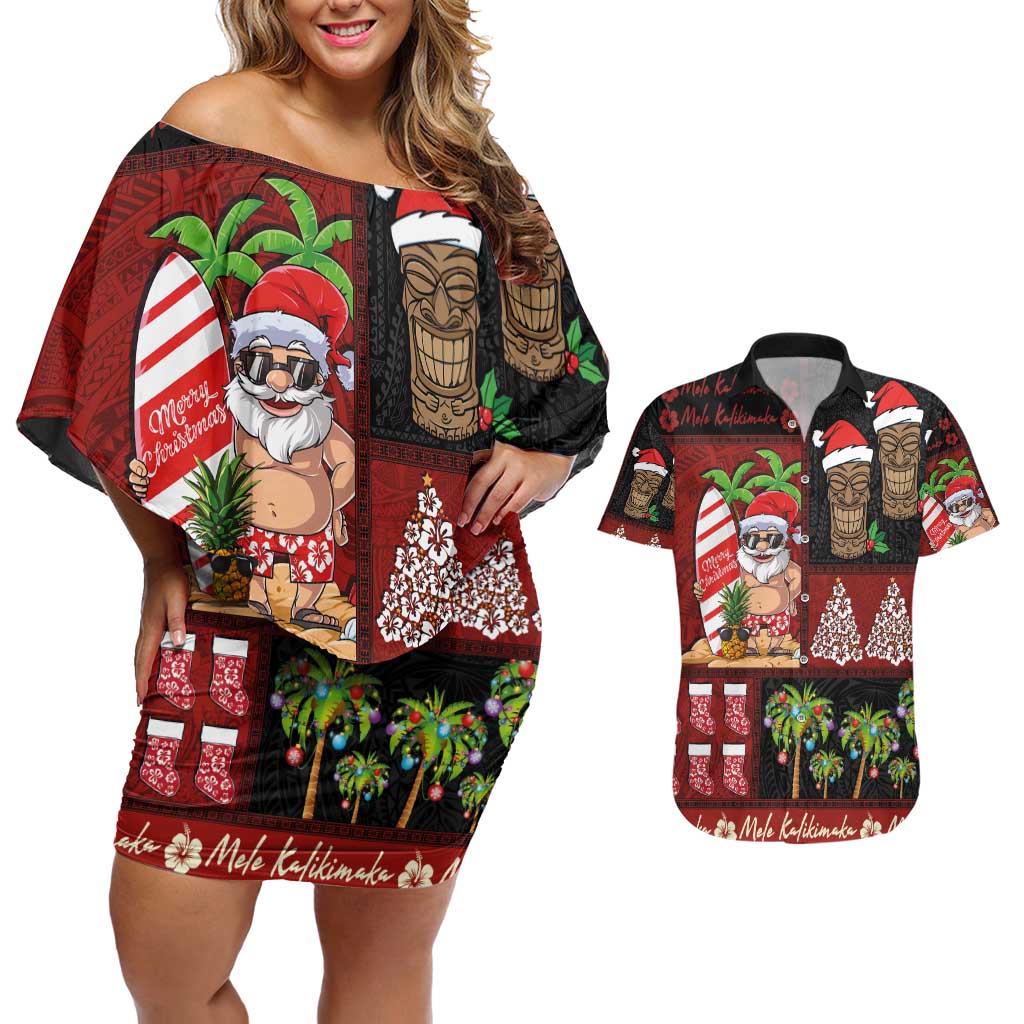 Hawaiian Christmas Couples Matching Off Shoulder Short Dress and Hawaiian Shirt - Mele Kalikimaka Island Holiday Vibes - Black Red