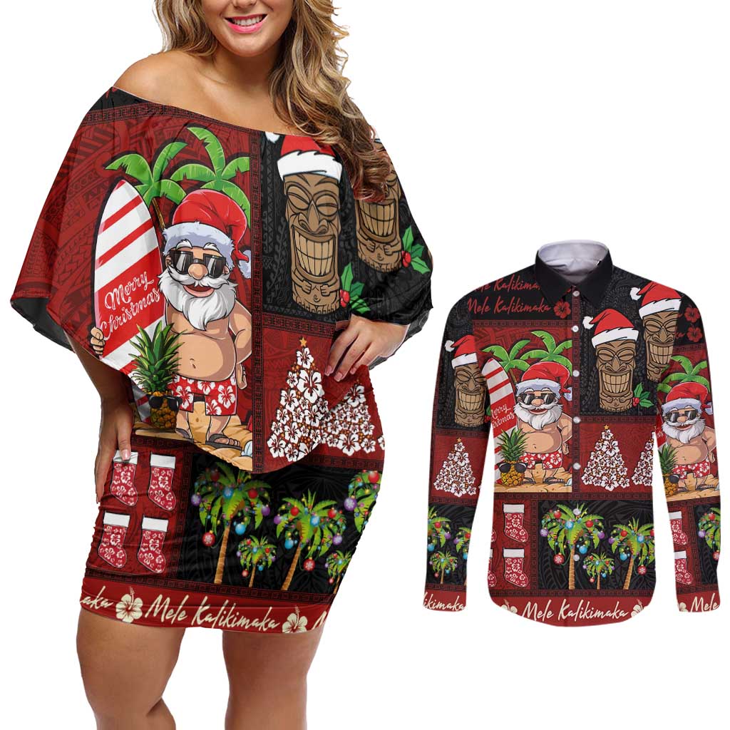 Hawaiian Christmas Couples Matching Off Shoulder Short Dress and Long Sleeve Button Shirt - Mele Kalikimaka Island Holiday Vibes - Black Red