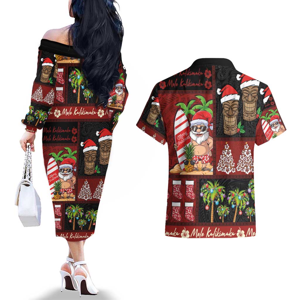 Hawaiian Christmas Couples Matching Off The Shoulder Long Sleeve Dress and Hawaiian Shirt - Mele Kalikimaka Island Holiday Vibes - Black Red