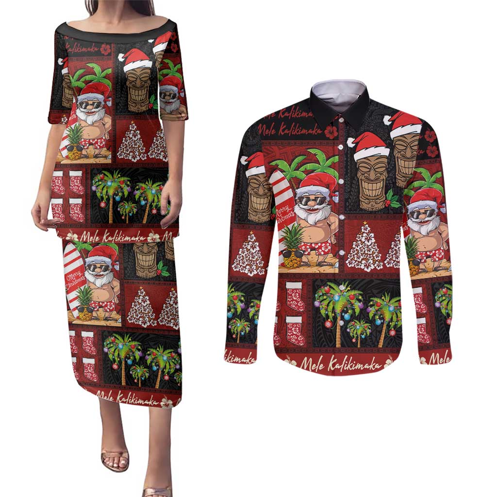 Hawaiian Christmas Couples Matching Puletasi and Long Sleeve Button Shirt - Mele Kalikimaka Island Holiday Vibes - Black Red