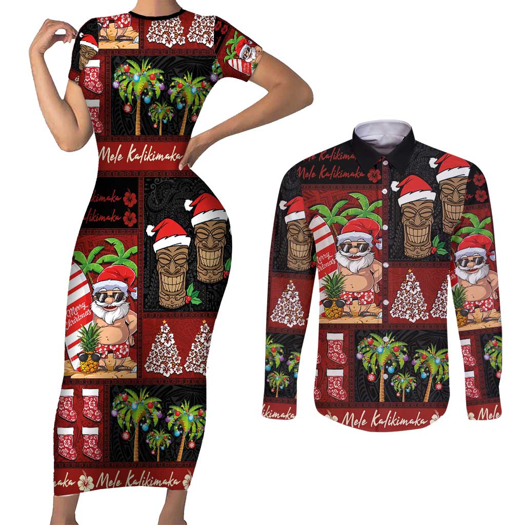 Hawaiian Christmas Couples Matching Short Sleeve Bodycon Dress and Long Sleeve Button Shirt - Mele Kalikimaka Island Holiday Vibes - Black Red