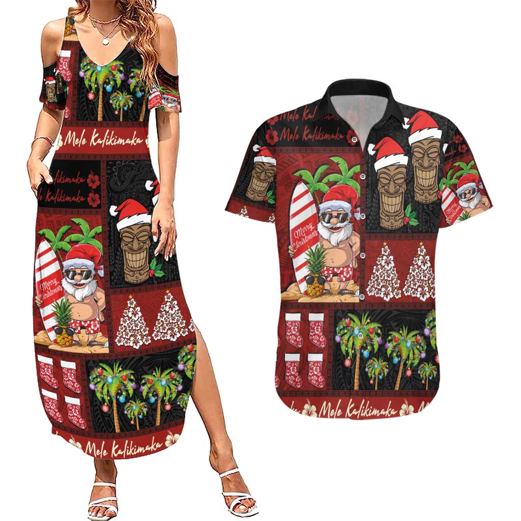 Hawaiian Christmas Couples Matching Summer Maxi Dress and Hawaiian Shirt - Mele Kalikimaka Island Holiday Vibes - Black Red