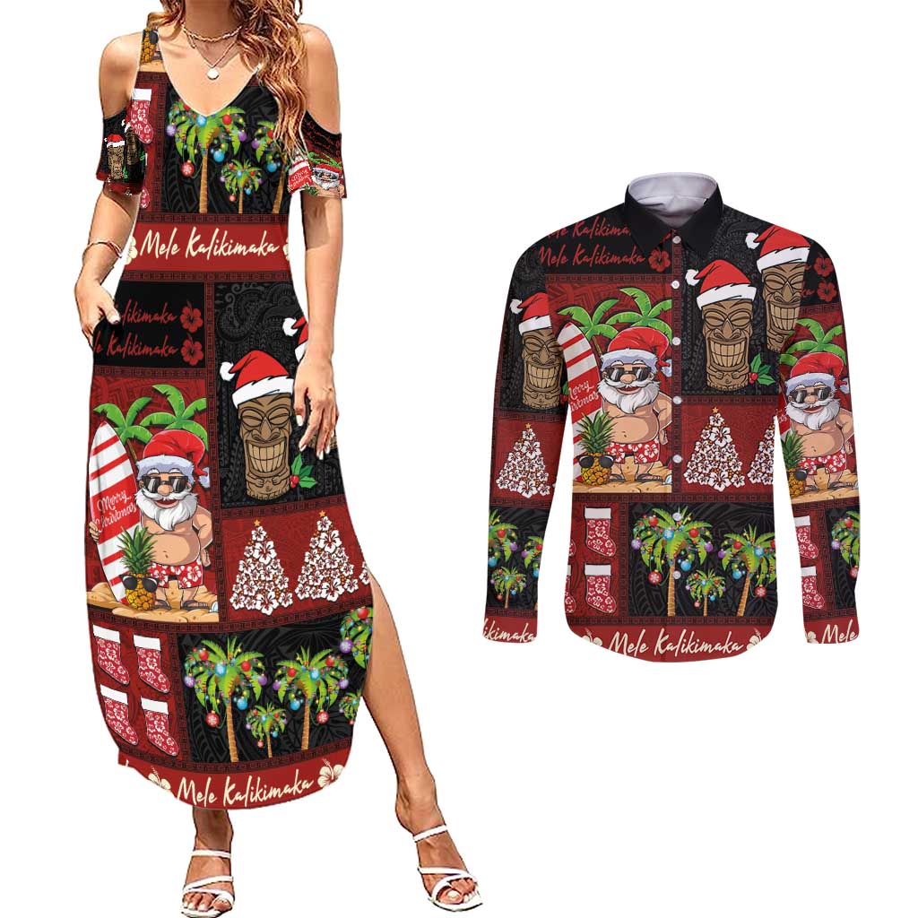 Hawaiian Christmas Couples Matching Summer Maxi Dress and Long Sleeve Button Shirt - Mele Kalikimaka Island Holiday Vibes - Black Red