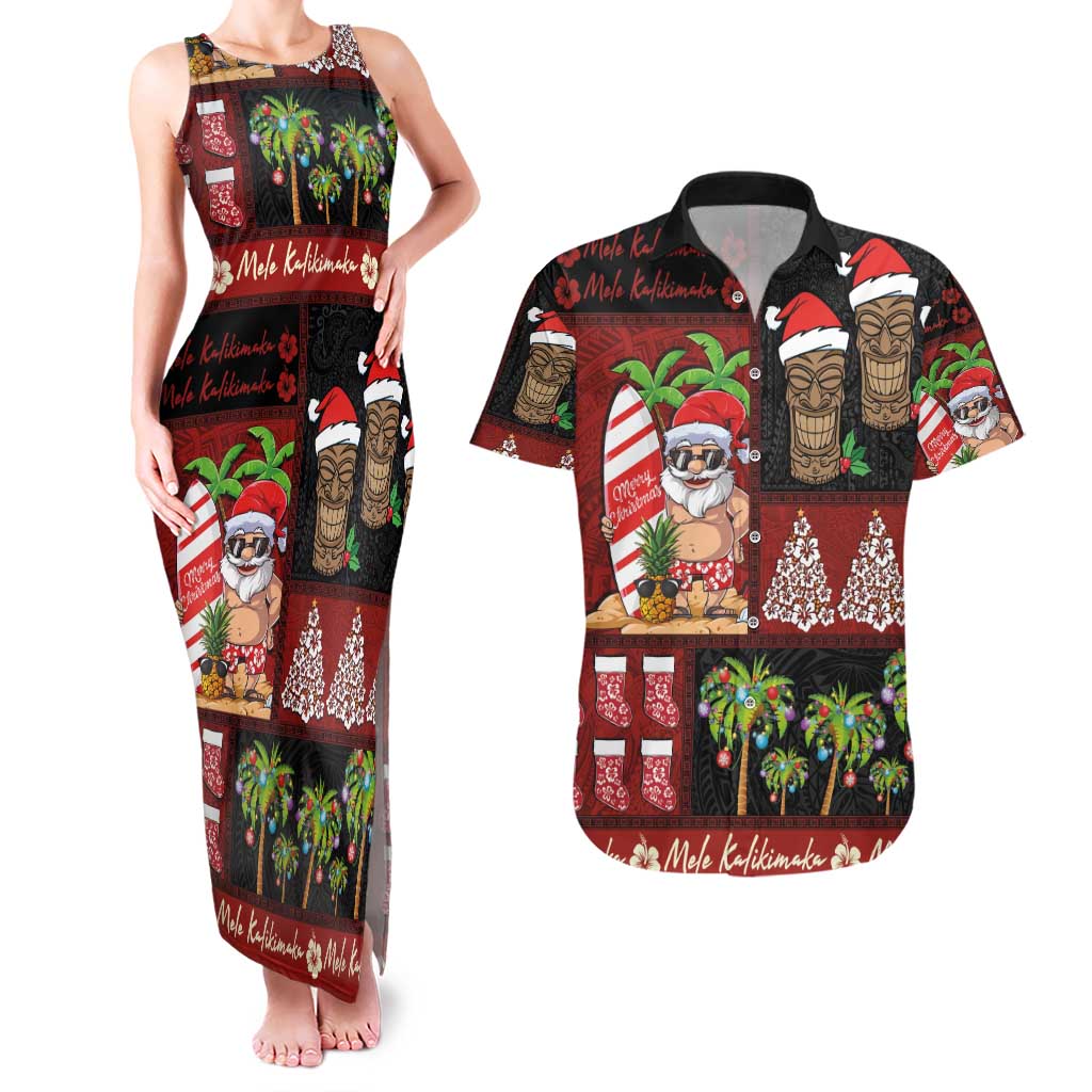 Hawaiian Christmas Couples Matching Tank Maxi Dress and Hawaiian Shirt - Mele Kalikimaka Island Holiday Vibes - Black Red LT03 Black - Red - Polynesian Pride