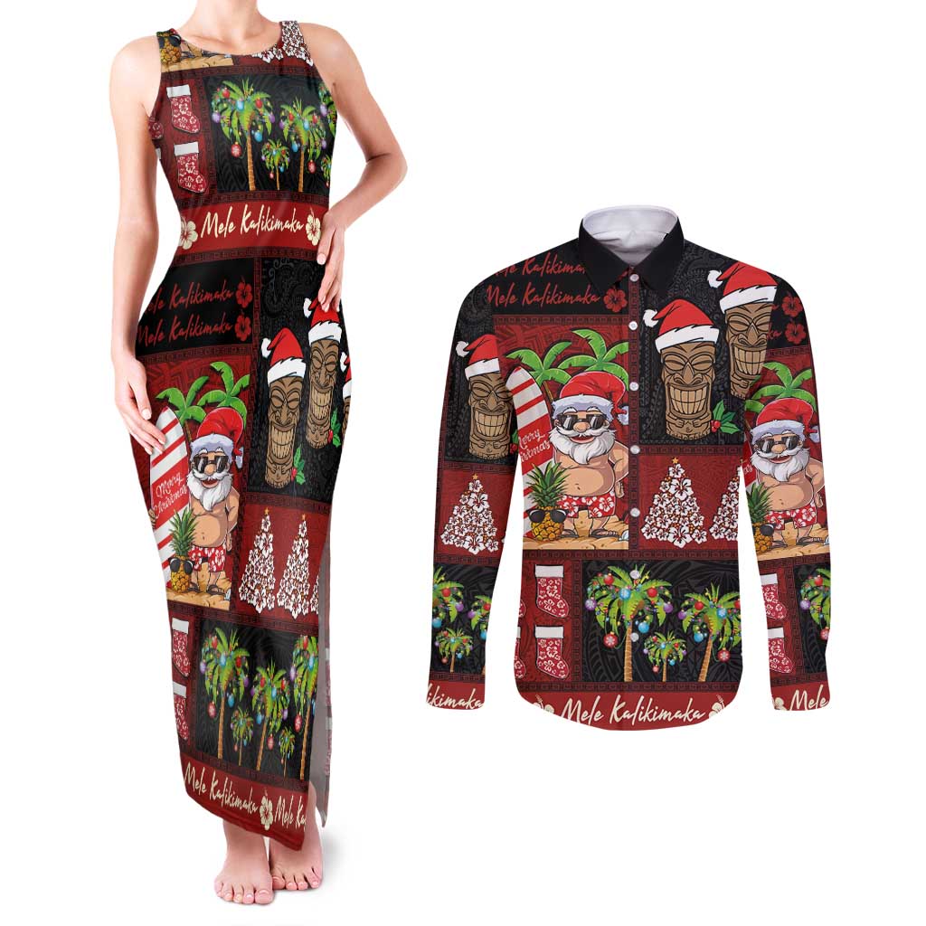 Hawaiian Christmas Couples Matching Tank Maxi Dress and Long Sleeve Button Shirt - Mele Kalikimaka Island Holiday Vibes - Black Red