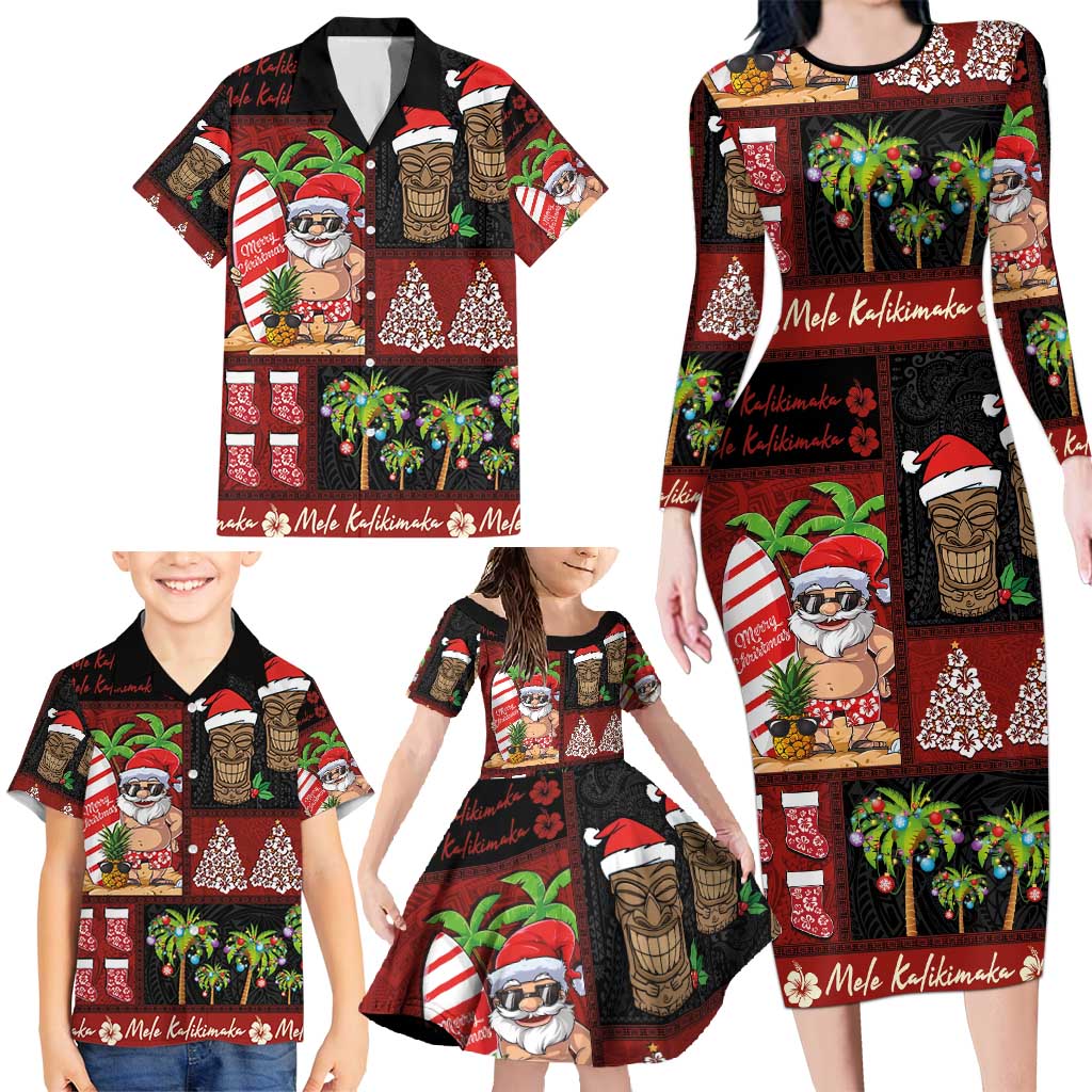 Hawaiian Christmas Family Matching Long Sleeve Bodycon Dress and Hawaiian Shirt - Mele Kalikimaka Island Holiday Vibes - Black Red