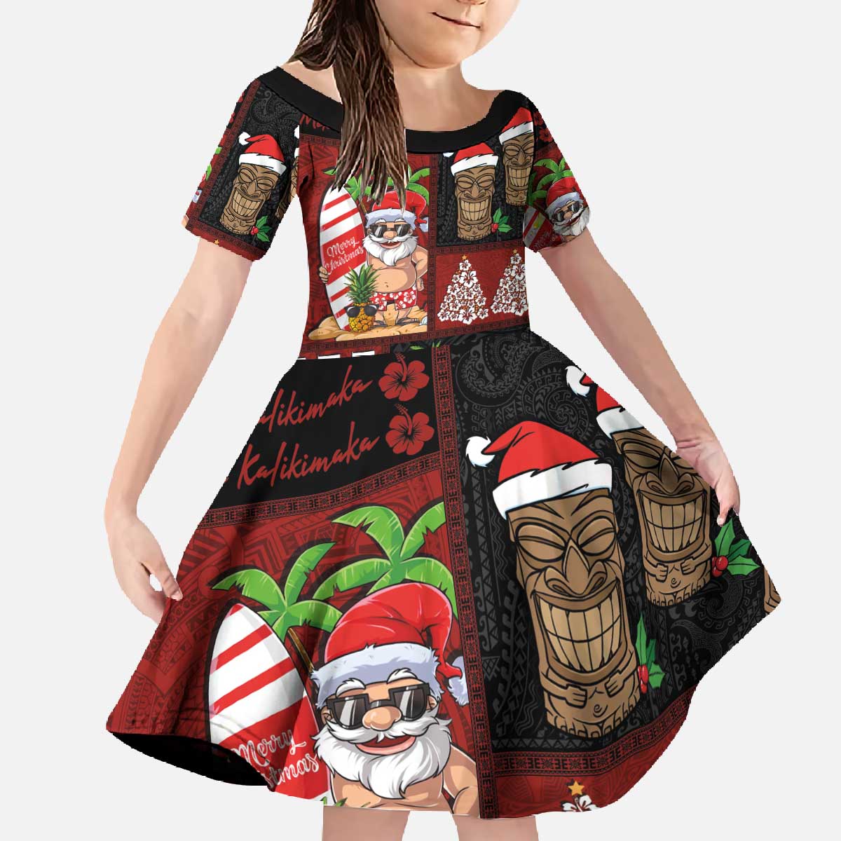 Hawaiian Christmas Family Matching Off The Shoulder Long Sleeve Dress and Hawaiian Shirt - Mele Kalikimaka Island Holiday Vibes - Black Red