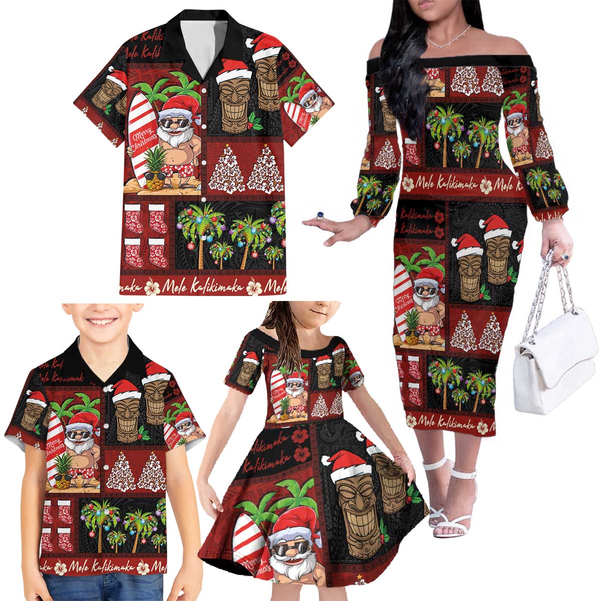 Hawaiian Christmas Family Matching Off The Shoulder Long Sleeve Dress and Hawaiian Shirt - Mele Kalikimaka Island Holiday Vibes - Black Red