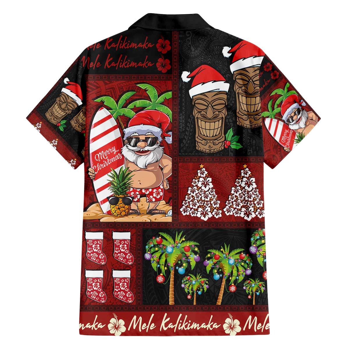 Hawaiian Christmas Family Matching Off The Shoulder Long Sleeve Dress and Hawaiian Shirt - Mele Kalikimaka Island Holiday Vibes - Black Red