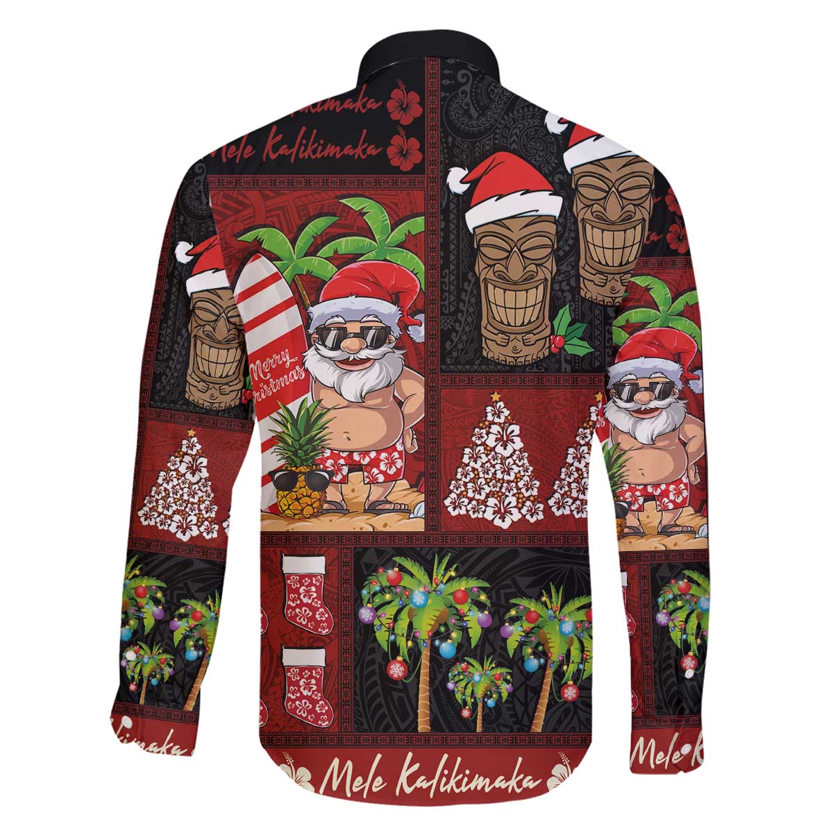 Hawaiian Christmas Family Matching Off The Shoulder Long Sleeve Dress and Hawaiian Shirt - Mele Kalikimaka Island Holiday Vibes - Black Red