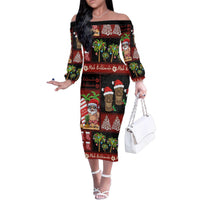 Hawaiian Christmas Family Matching Off The Shoulder Long Sleeve Dress and Hawaiian Shirt - Mele Kalikimaka Island Holiday Vibes - Black Red