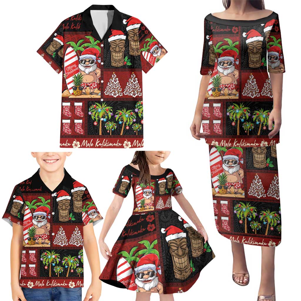 Hawaiian Christmas Family Matching Puletasi and Hawaiian Shirt - Mele Kalikimaka Island Holiday Vibes - Black Red