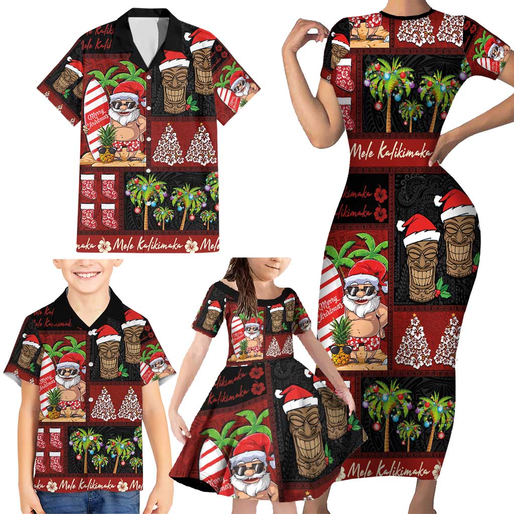 Hawaiian Christmas Family Matching Short Sleeve Bodycon Dress and Hawaiian Shirt - Mele Kalikimaka Island Holiday Vibes - Black Red