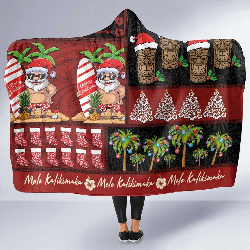 Hawaiian Christmas Hooded Blanket - Mele Kalikimaka Island Holiday Vibes - Black Red LT03 One Size Black - Red - Polynesian Pride