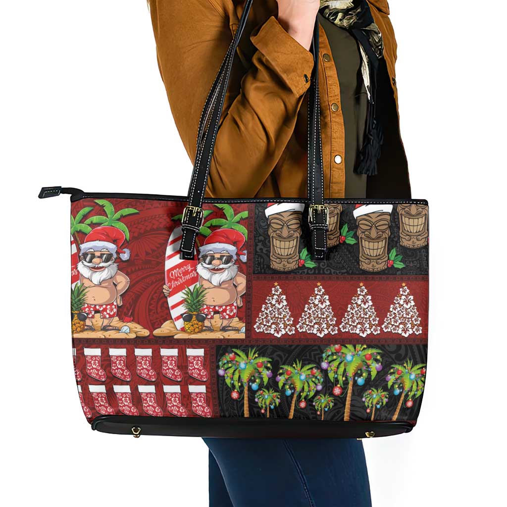 Hawaiian Christmas Leather Tote Bag - Mele Kalikimaka Island Holiday Vibes - Black Red LT03 - Polynesian Pride