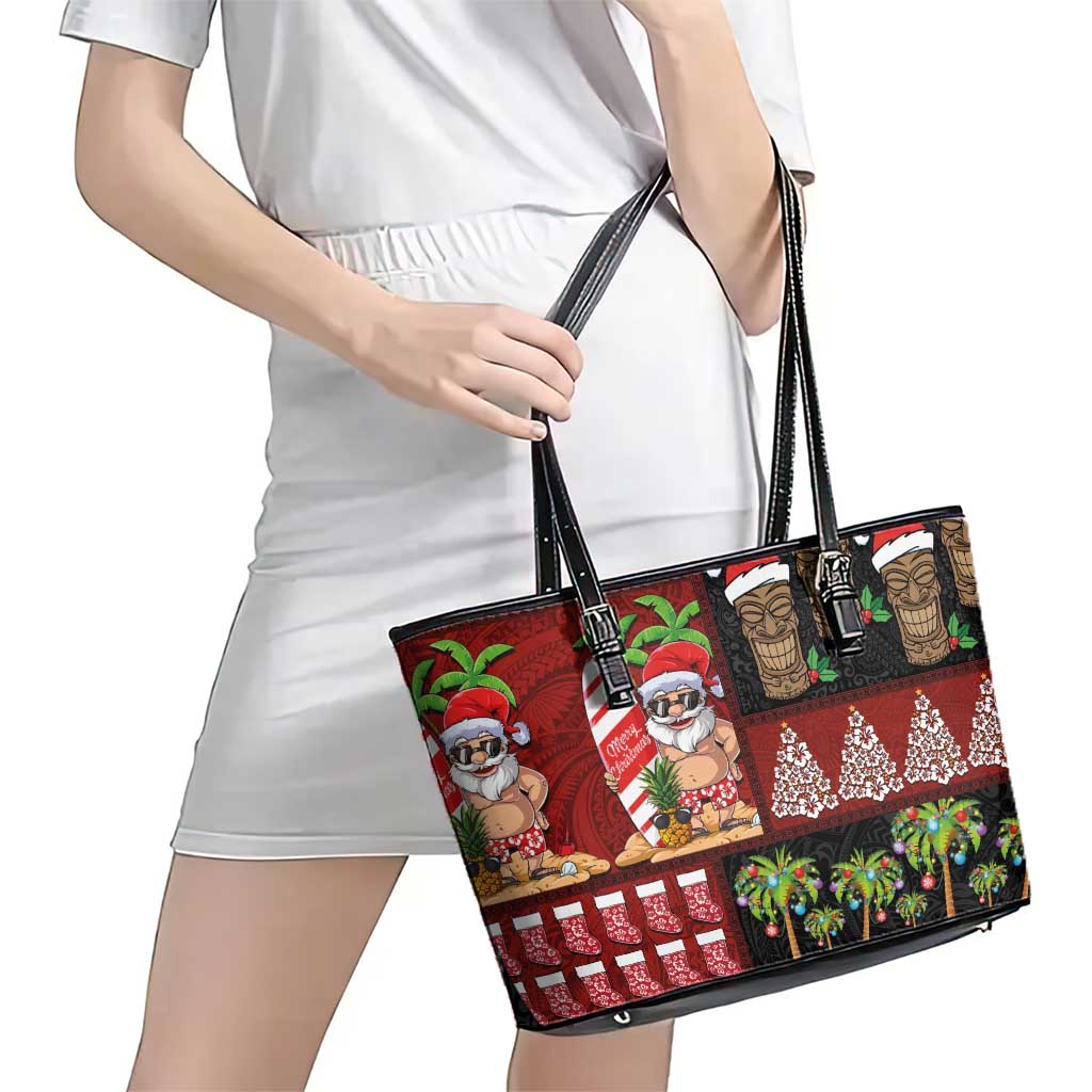 Hawaiian Christmas Leather Tote Bag - Mele Kalikimaka Island Holiday Vibes - Black Red LT03 - Polynesian Pride