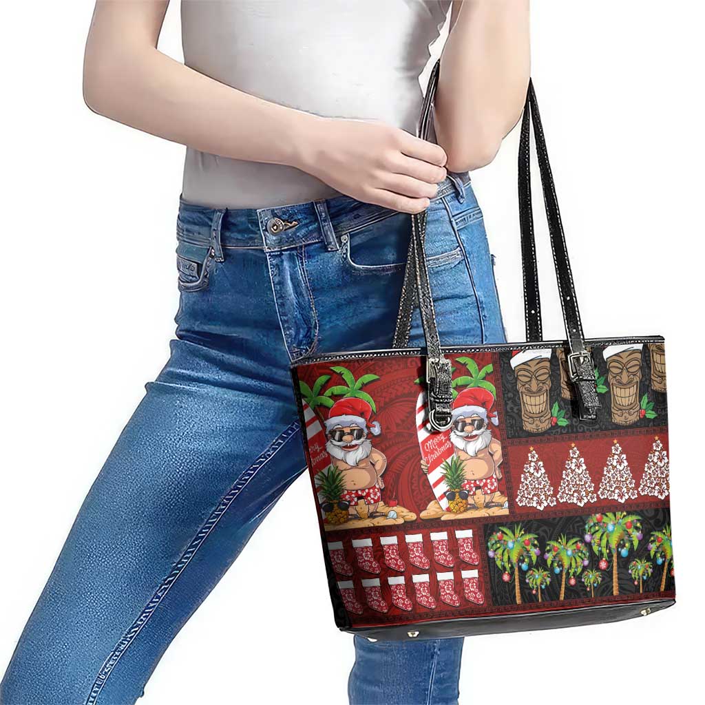 Hawaiian Christmas Leather Tote Bag - Mele Kalikimaka Island Holiday Vibes - Black Red LT03 - Polynesian Pride