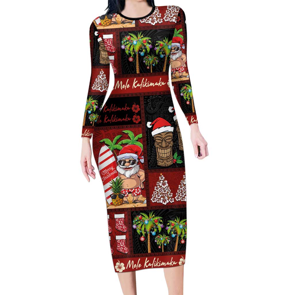 Hawaiian Christmas Long Sleeve Bodycon Dress - Mele Kalikimaka Island Holiday Vibes - Black Red