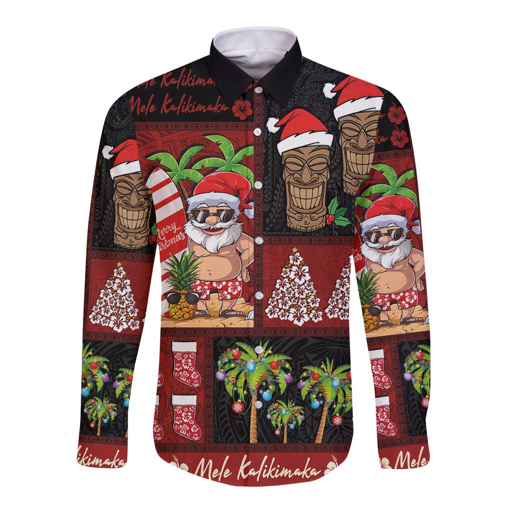Hawaiian Christmas Long Sleeve Button Shirt - Mele Kalikimaka Island Holiday Vibes - Black Red LT03 Unisex Black - Red - Polynesian Pride