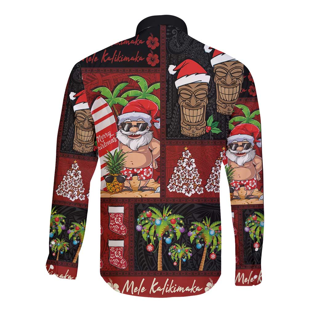 Hawaiian Christmas Long Sleeve Button Shirt - Mele Kalikimaka Island Holiday Vibes - Black Red LT03 - Polynesian Pride