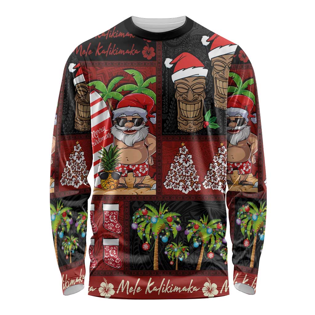 Hawaiian Christmas Long Sleeve Shirt - Mele Kalikimaka Island Holiday Vibes - Black Red